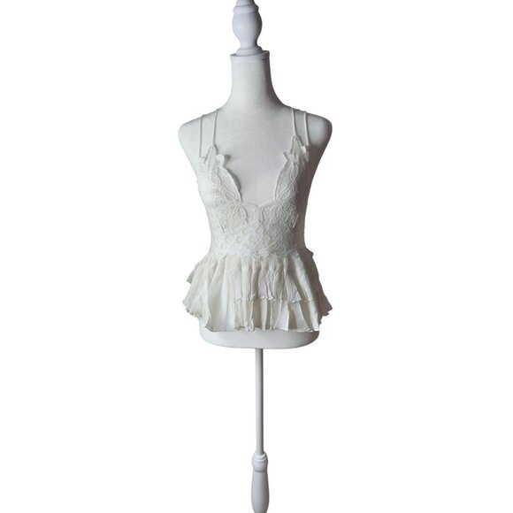Free People Adella Cami Lace & Ruffled Hem White Tank Top Small - Picture 2 of 8
